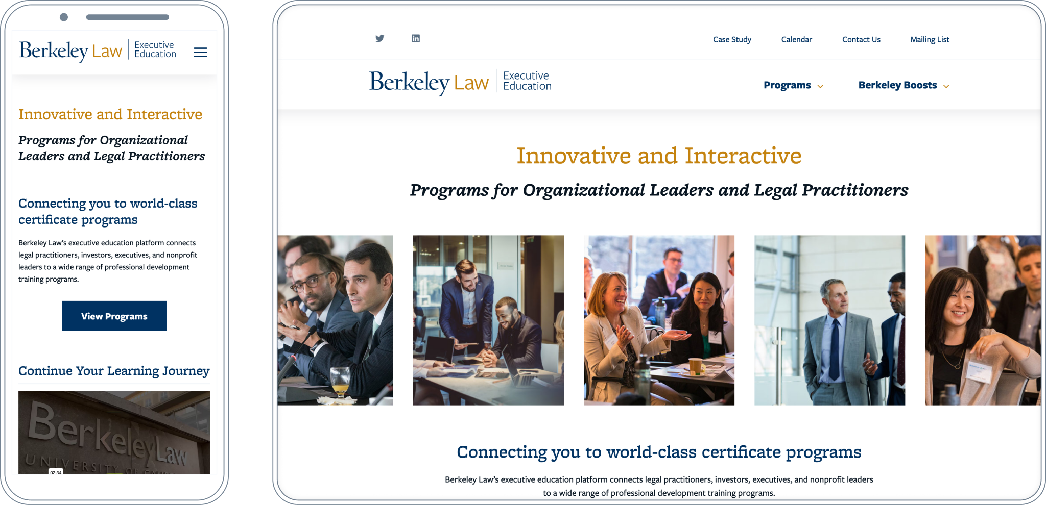 Berkeley Law: Executive Education screenshot of Desktop and Mobile view